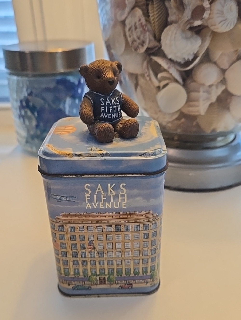 Vintage Saks Fifth Avenue Blue Decorative Tin with Teddy Bear Lid Accent